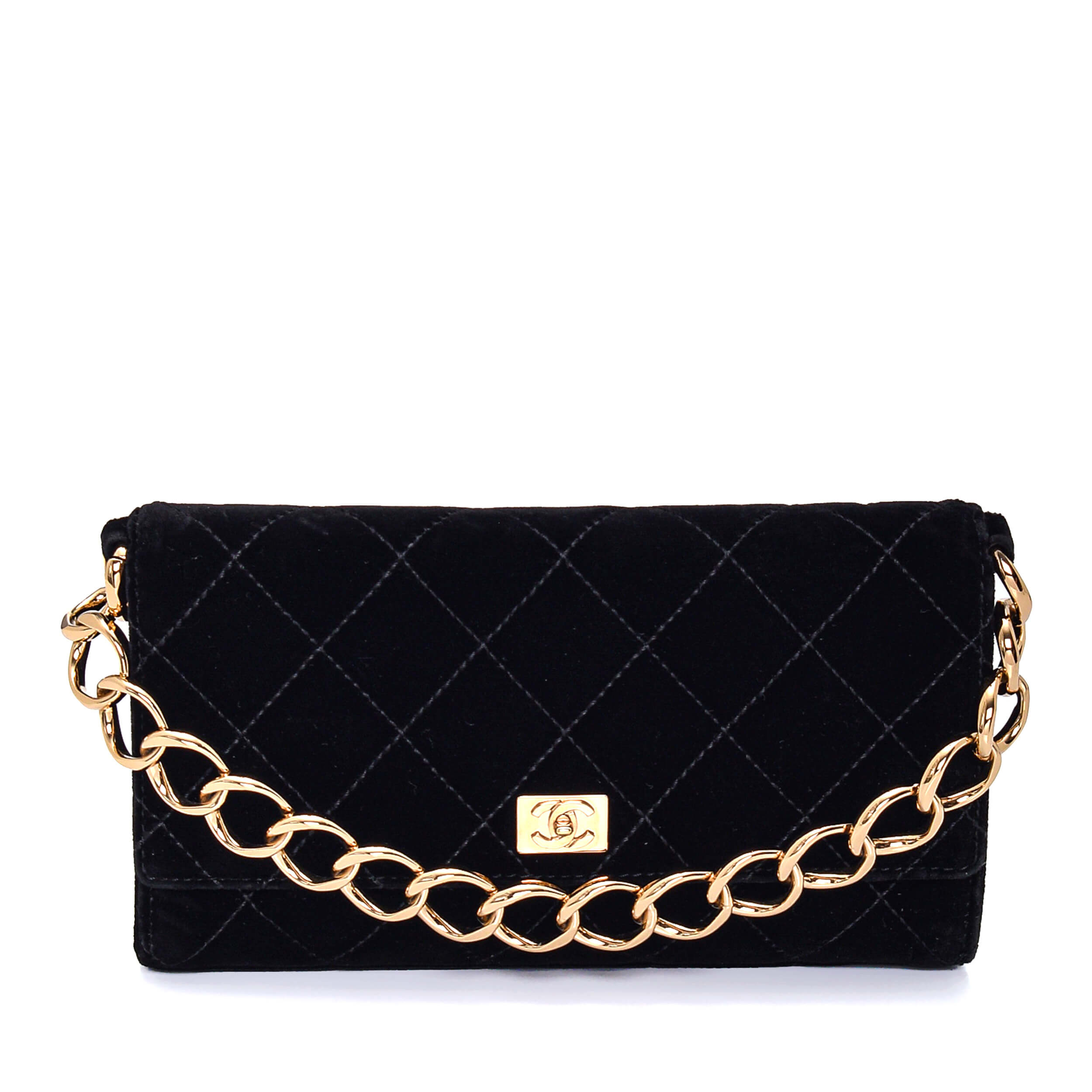 Chanel - Black Quilted Velvet Gold Chain Baguette Bag